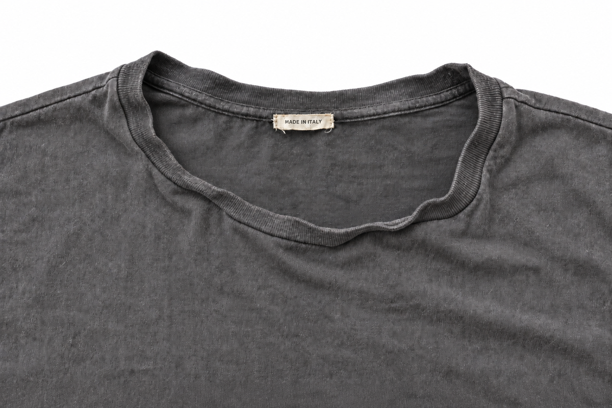 Standard Tee after 100 washes: collar, sleeve and body